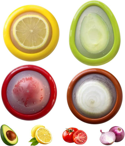 Food Storage Containers for Fruit & Vegetable - 4 Pack Set: Avocado, Lemon, Apple, and Onion Savers - Airtight Silicone Stretch Covers for Kitchen Fridge - BPA Free