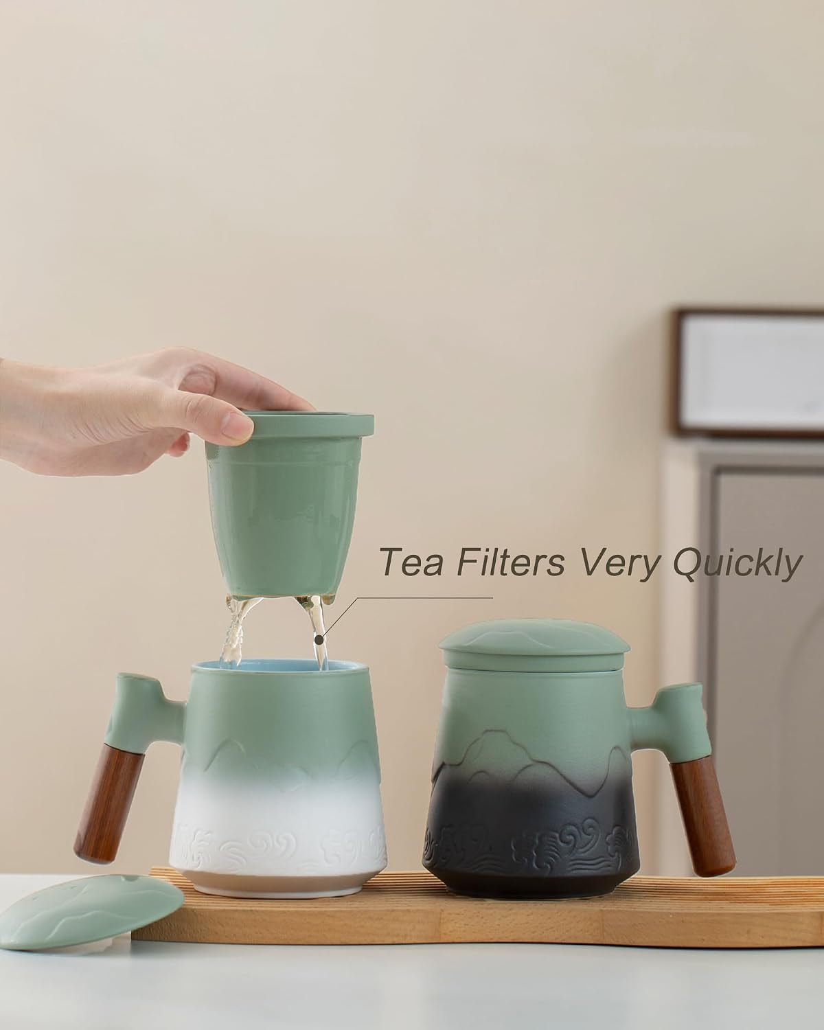 ZENS Tea Cup with Infuser and Lid & Coaster for Tea Steeper, 15oz Blue | Embossed Ceramic Tea Infuser Mug for Loose Leaf Tea Difussers, Tea Lovers Gifts, Nature Wood Handle