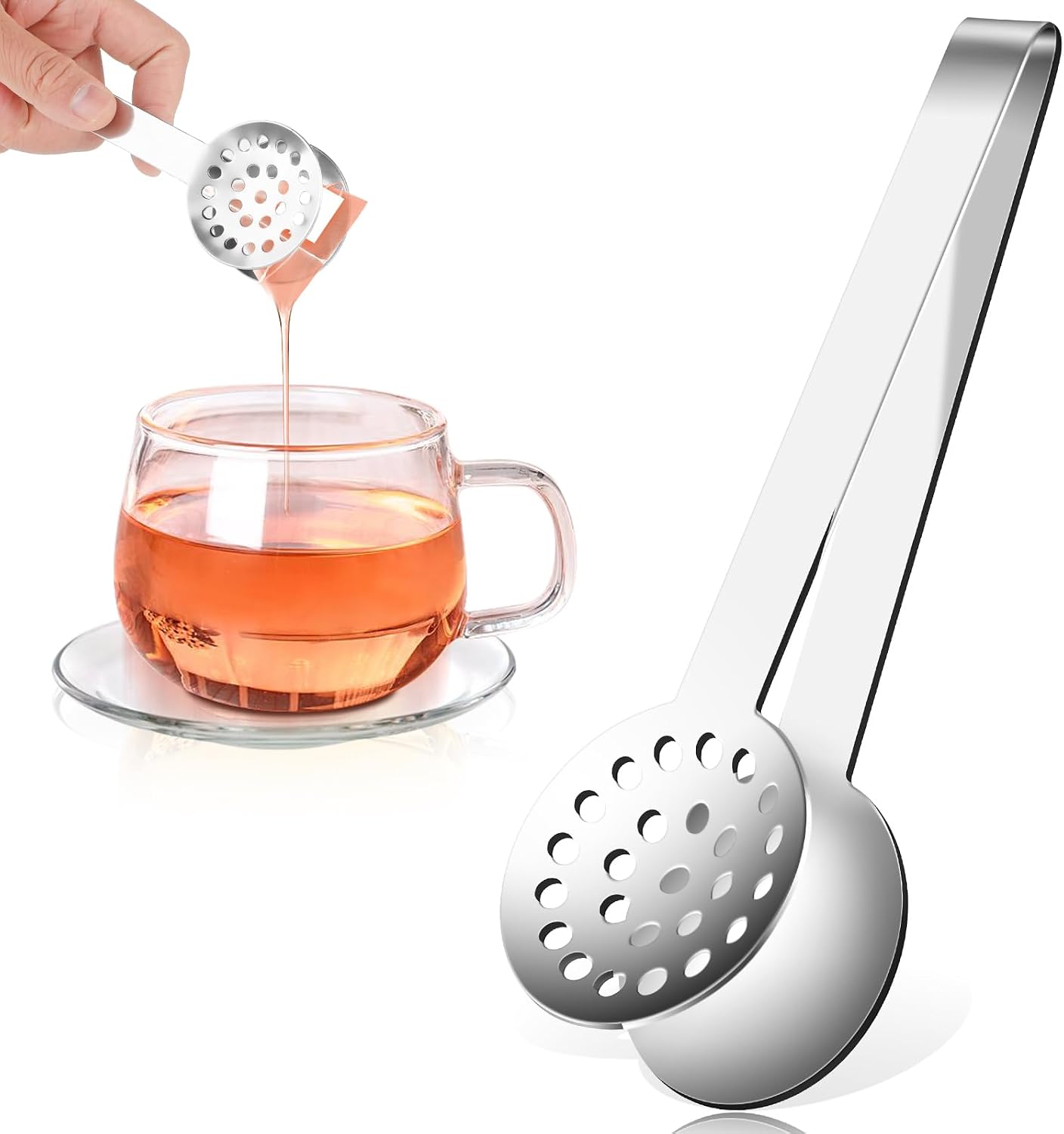 Tea Bag Squeezer Tongs, Stainless Steel Tea Bag Squeezer Tongs | Teabag Filter, Dispenser Accessories for Teas Drinkers, Ice, Durable Round Strainer Gripper Picker (Black)
