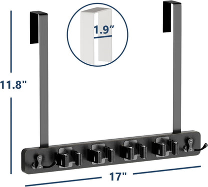 Lorbro Broom Holder Door Mount, Wood Over the Door Broom and Mop Holder | 4 Slots 4 Hooks, No Drill Setup, EVA Protection Pads, Secure Grip, Laundry Garage Closet Kitchen Use, White