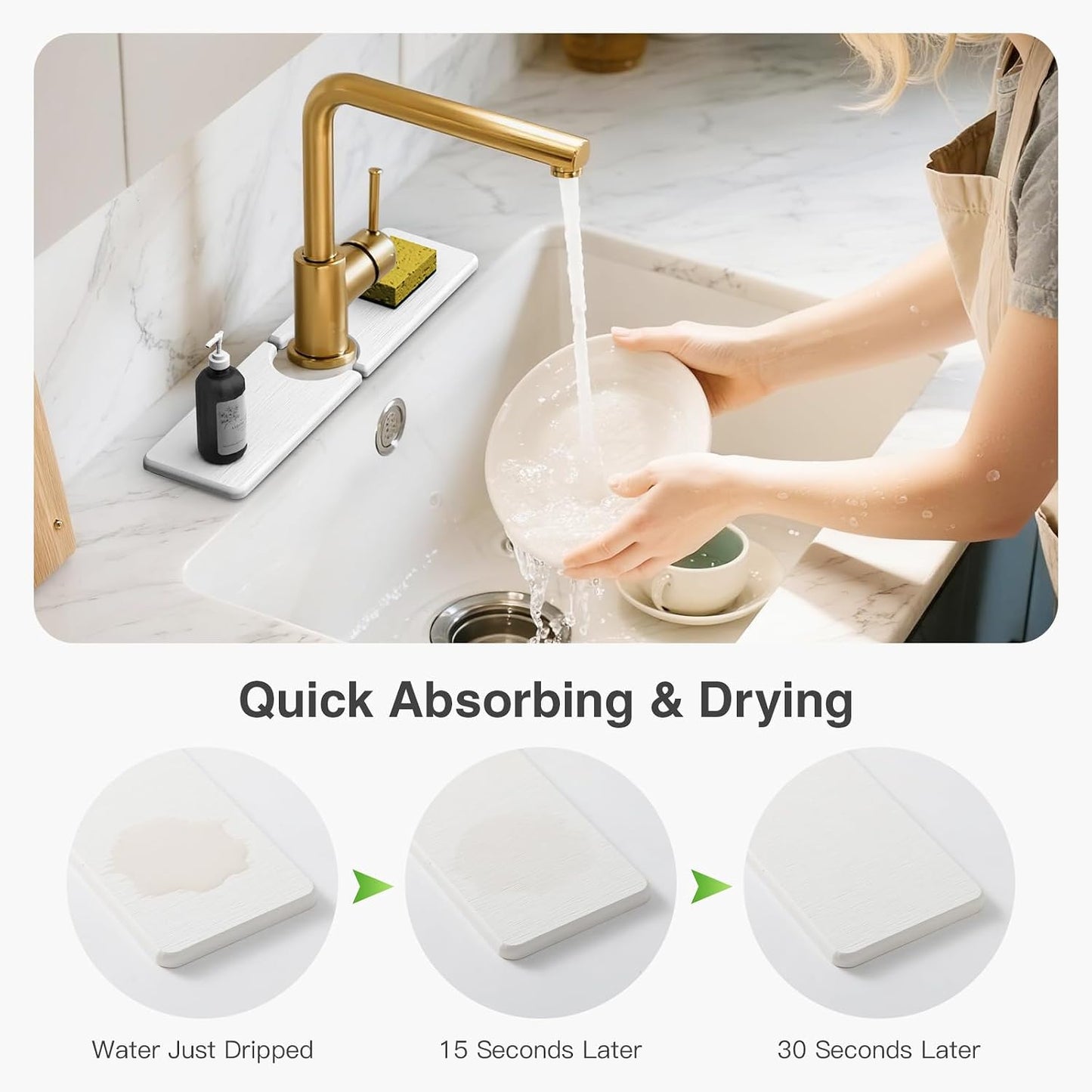 Premium Stone Faucet Mat for Kitchen Sink, 30" x 4" White | Quick Drying & Water Absorbent, Sink Splash Guard Tray for Prevents Moisture Buildup
