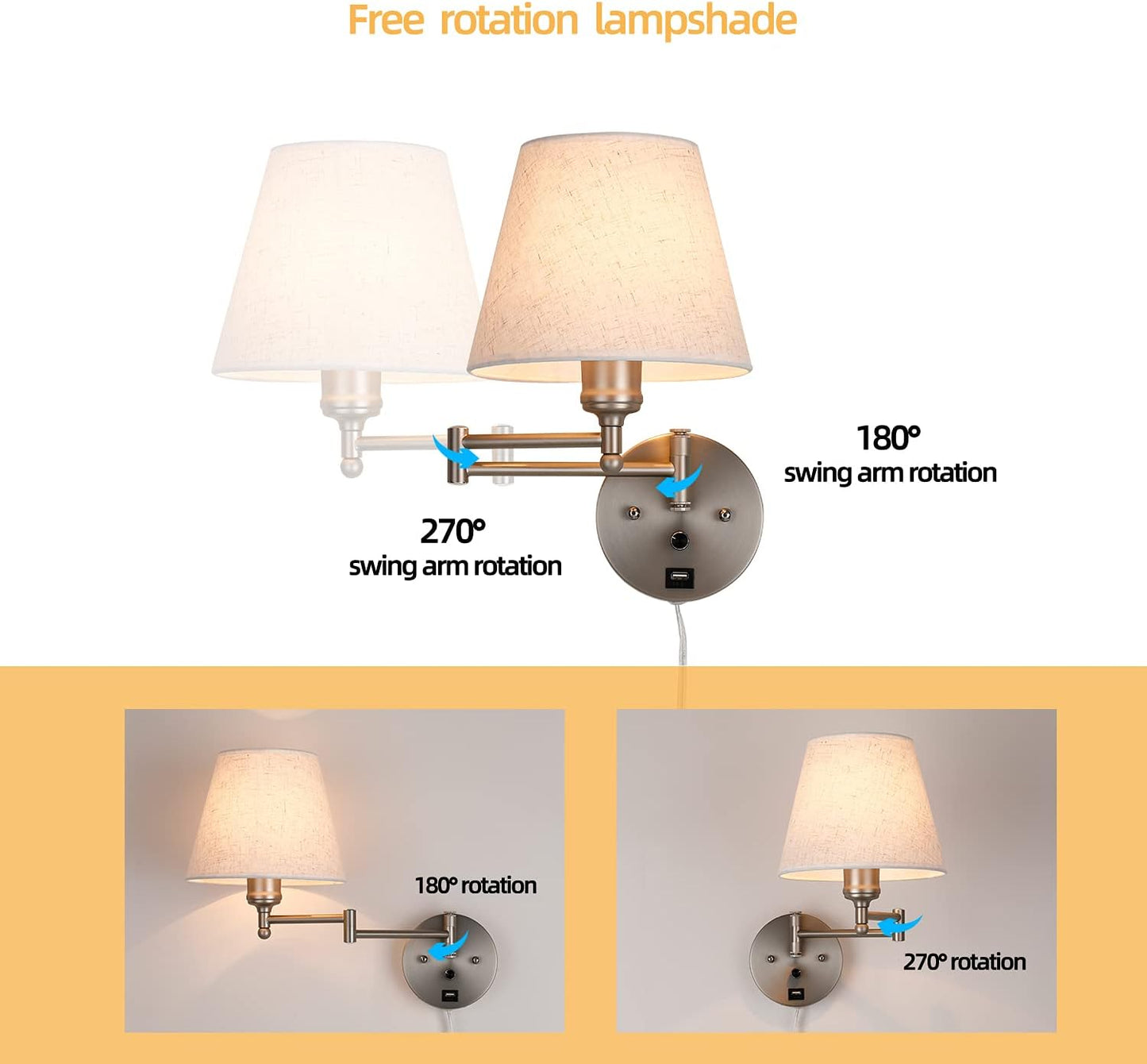 Swing Arm Wall Lamp Plug in Wall Sconces Adjustable Vintage Industrial Reading Light Bedside Wall Mount Light with Dimmable Switch and USB Port Black