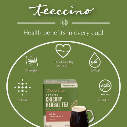 Teeccino Herbal Tea Sampler Assortment - 12 Tea Bags - Maca Chocolaté, French Roast, Hazelnut, Vanilla Nut - Roasted Caffeine Free Herbal Tea, Prebiotic for Natural Energy