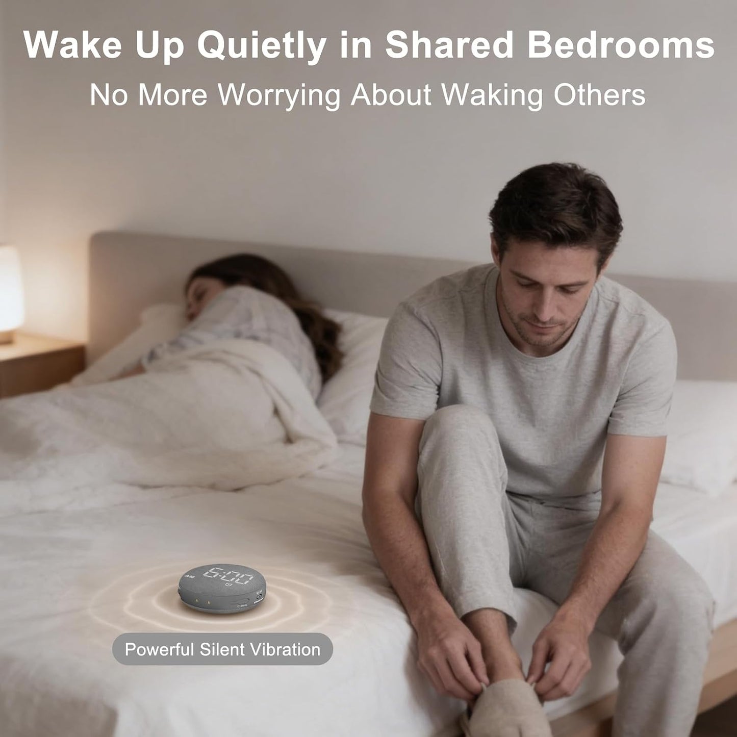 SolaceRise Extra Loud Alarm Clock Vibrating Bed Shaker for Heavy Sleepers | Auto-Dim Digital Clock for Hearing Impaired Deaf - Portable Rechargeable Battery for Bedroom Travel Dorm - Putty