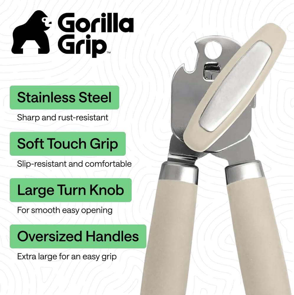 GORILLA GRIP Original Model Stainless Steel Smooth Edge Manual Can Opener and Bottle Openers, US Designed, Comfortable Handle, Oversized Handheld Turn Knob, Multifunctional Kitchen Tool, Gray