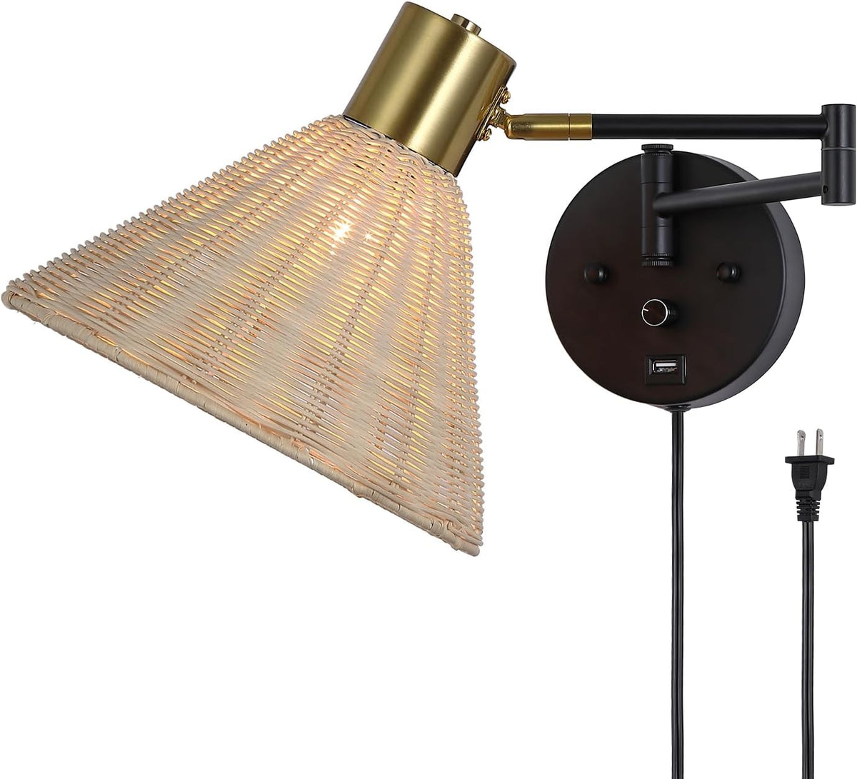 Wall Mounted Lamp Plug in Wall Sconce with Dimmable Switch Swing Arm Wall Lamp Whire Fabric Shade with USB Port Gold Wall Sconce Suitable for Hallway Bedroom Living Room…