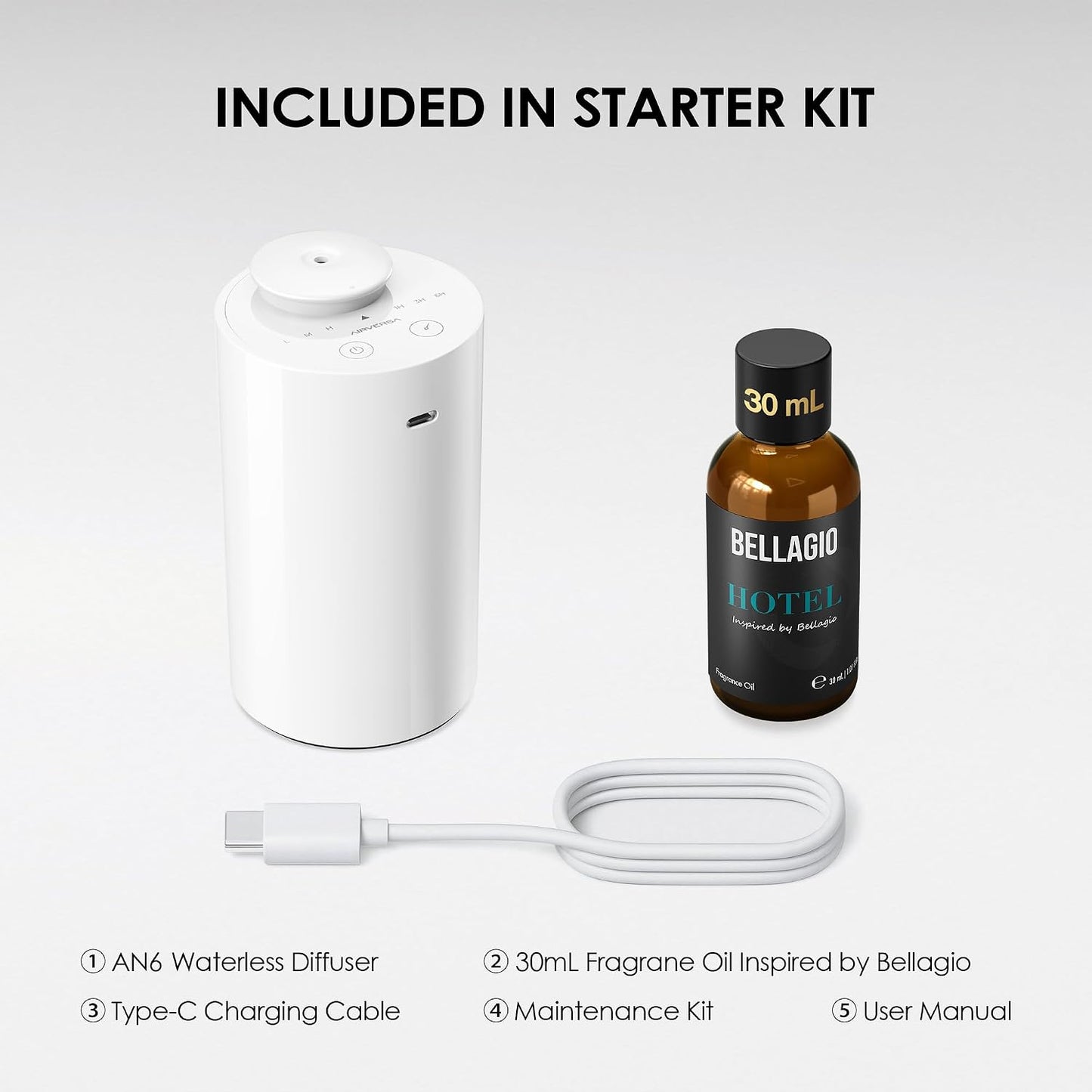 Airversa Waterless Essential Oil Diffuser Starter Kit with 30mL Hotel Fragrance Oil Inspired by Ritz-C., Battery Operated Car Diffuser, Portable Aroma Nebulizer for Home Car Office, AN6Kit-B, Black