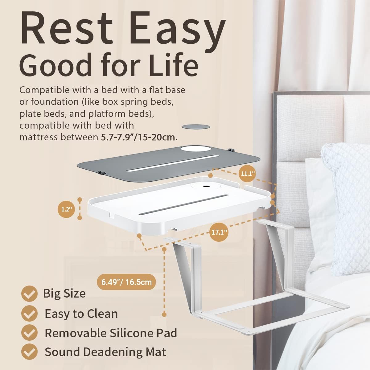 KIWIFOTOS Raised Bedside Shelf for Bed Tray Table Under Mattress | for Box Spring Plate Platform Bed Nightstand Shelf Bedside Caddy College Dorm Room raised bedside table holds up to 6.6 lbs