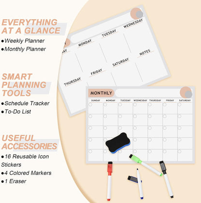 ARVOK Fridge Calendar, Magnetic Weekly & Monthly Calendar for Refrigerator- 2 Packs A3 16.5"x11.6" Reusable Planner Dry Erase Calendar Whiteboard with 4 Markers, 16 Magnets & Eraser for Family Schedule, Meal Menu, To-Do List