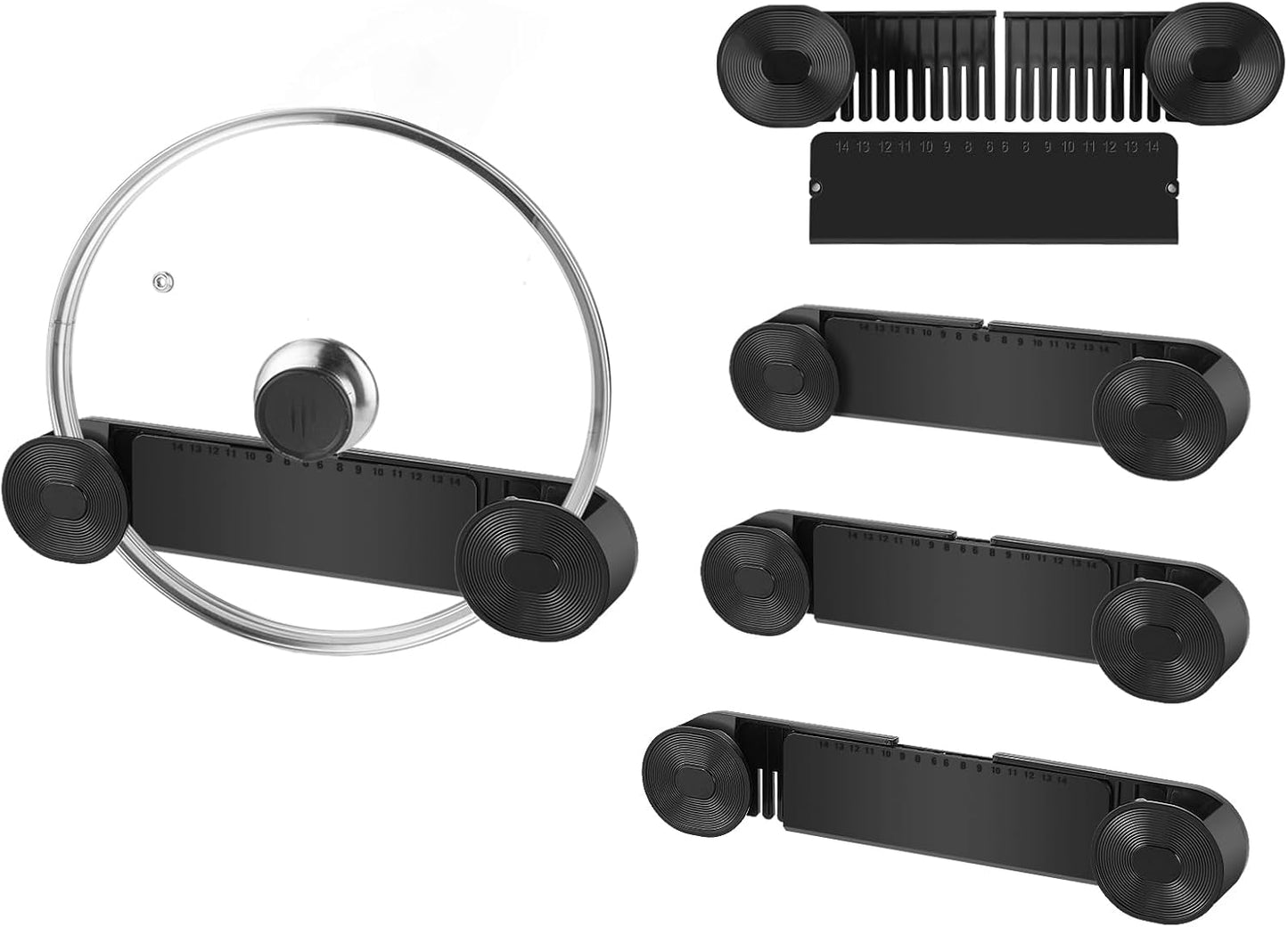 YONGAIJIA 4 Pack Pot Lid Organizer for Cabinet Door, Fits 6-14in Lids Black | Wall-Mount Pan Lid Holder for Inside Cabinet, Adjustable Rack for Pots and Pans, No-Drill Adhesive Kitchen Lid Storage