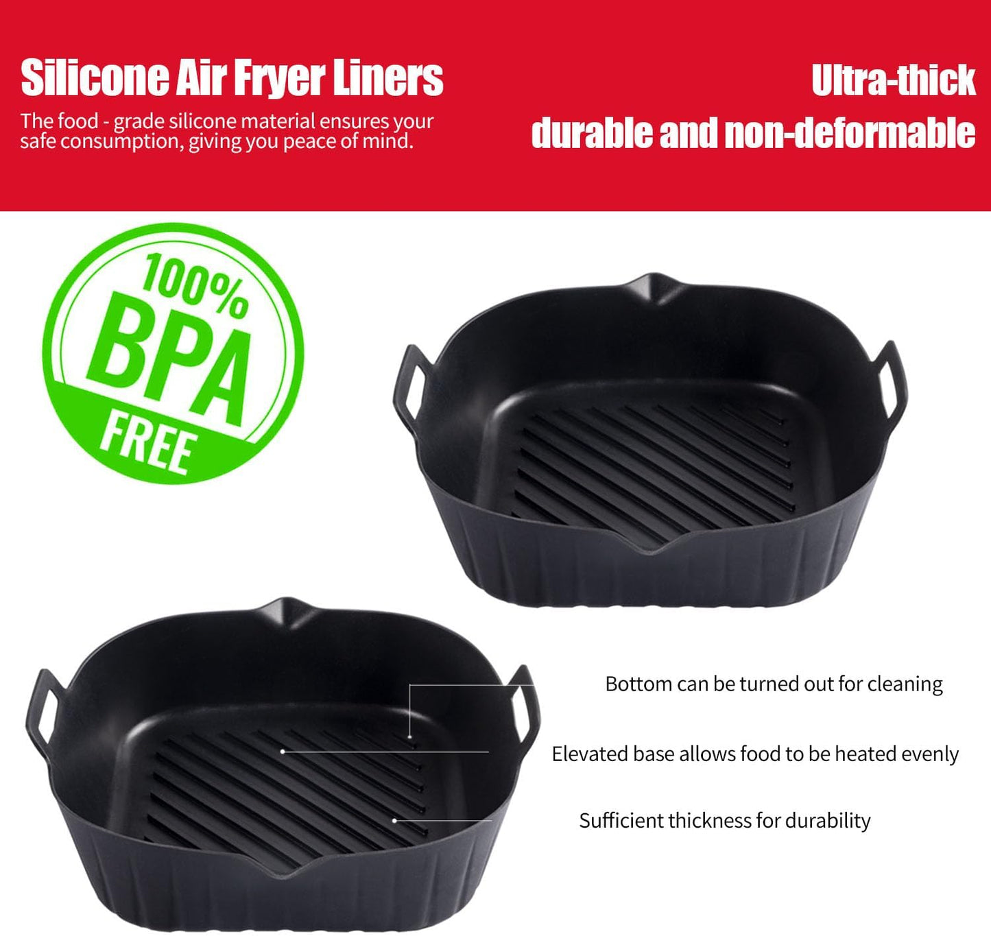 2 Pack Air Fryer Liners,8 Inch Silicone Airfryer Liners,Air Fryer Accessories,Reusable Baking Tray Oven Accessories,Replacement of Flammable Parchment Paper (Red Blue) (Black&Red&Blue)