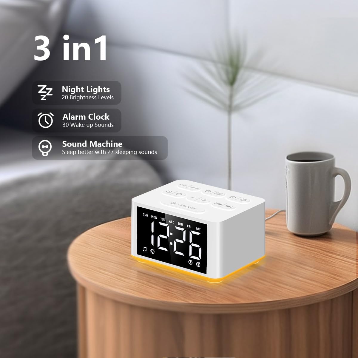 3-in-1 Sound Machine White Noise Machine Dual Alarms 12 Color Night Lights 30 Soothing Sounds 15 Wake Up Sounds 32 Volume for Baby Adults Kids Sleep Timer Memory Function Backup Battery Alarm Clock