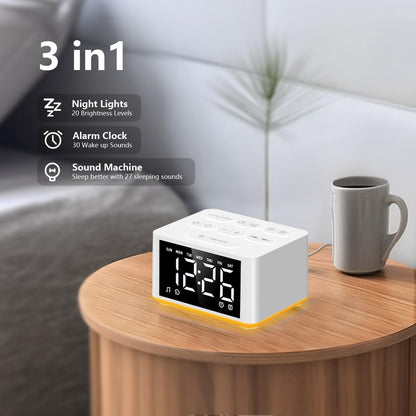 3-in-1 Sound Machine White Noise Machine Dual Alarms 12 Color Night Lights 30 Soothing Sounds 15 Wake Up Sounds 32 Volume for Baby Adults Kids Sleep Timer Memory Function Backup Battery Alarm Clock