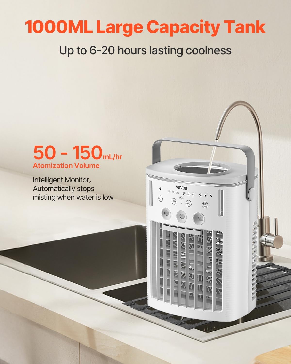 VEVOR Portable Air Conditioner, 4-in-1 Evaporative Air Cooler with Remote Control, 3-Speed Mini Air Conditioner with Timer, 3 Mist Levels, 1L Water Tank, 120° Oscillating Mini AC Fan for Desktop Home