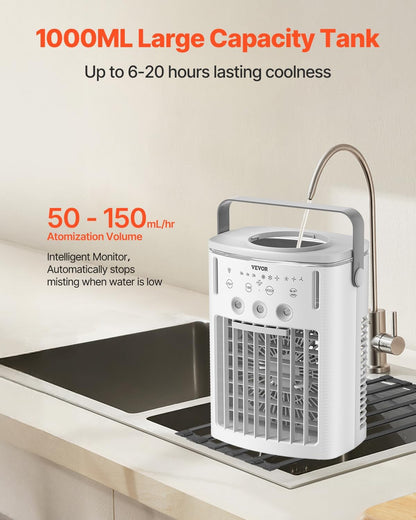 VEVOR Portable Air Conditioner, 4-in-1 Evaporative Air Cooler with Remote Control, 3-Speed Mini Air Conditioner with Timer, 3 Mist Levels, 1L Water Tank, 120° Oscillating Mini AC Fan for Desktop Home