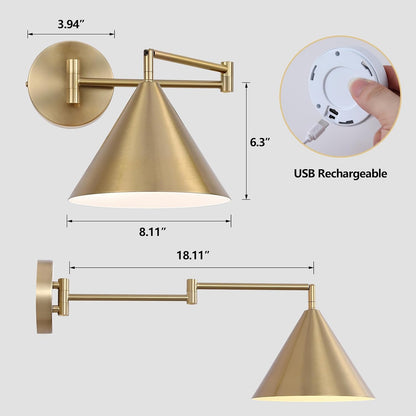 Rechargeable Swing Arm Wall Sconces Set of 2,Gold Battery Operated Wireless Dimmable 3 Color Wall Light with Remote,Cone Indoor Light Fixture for Bedside,Kitchen,Hallway,Living Room,Reading