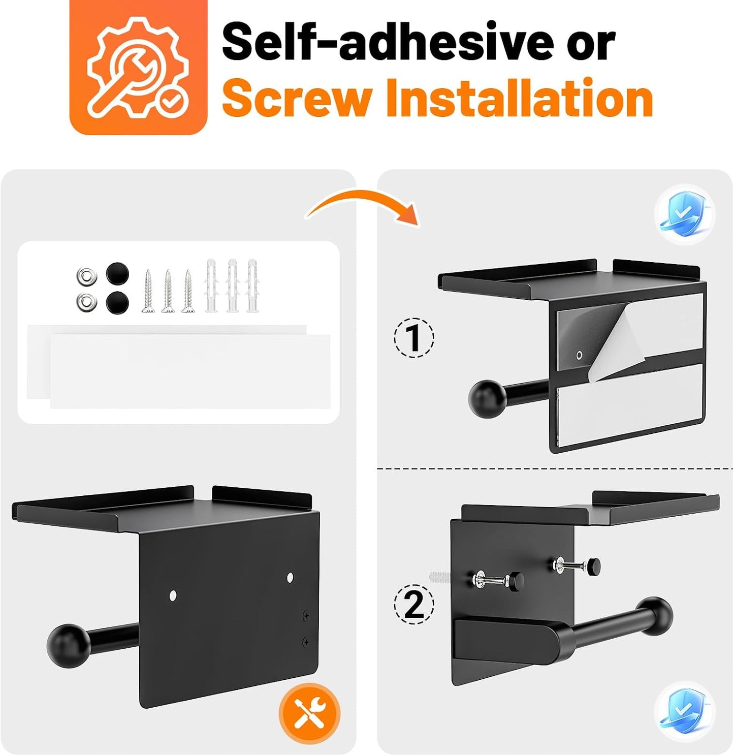 Toilet Paper Holder with Phone Storage Shelf, Matte Black | Wall Mount for Bathroom, No Drill Adhesive or Screw Mount, Rustproof Metal, Fits Mega Rolls