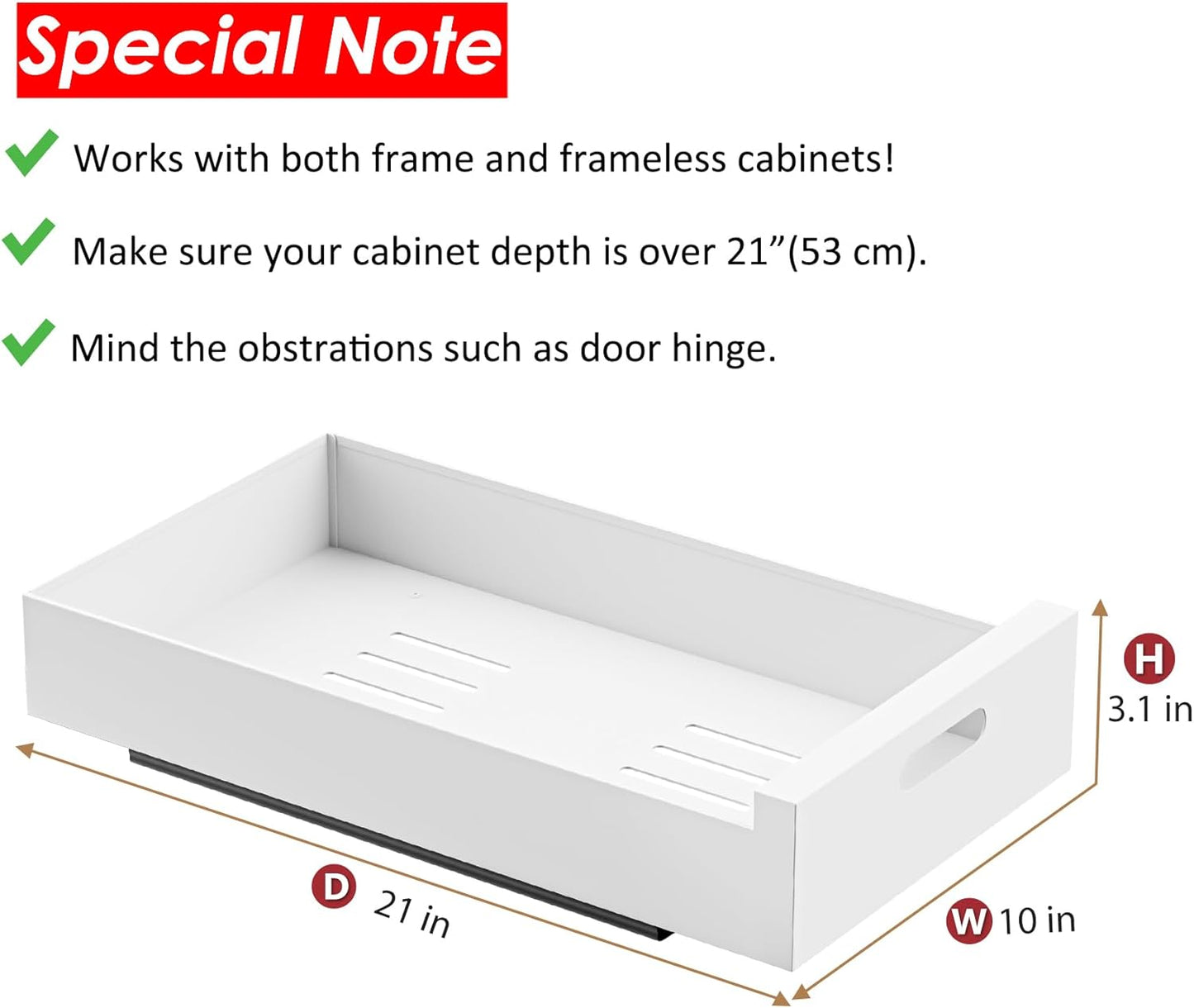 HBL' 1 Pack | 21" Deep Pull Out Cabinet Organizer Adhesive, 10-Inch Wide Sturdy Carbon Steel Roll-Out Drawers, Designed for Frameless Cabinets, Slide-Out Shelves for Pantry.