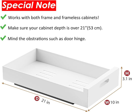 HBL' 1 Pack | 21" Deep Pull Out Cabinet Organizer Adhesive, 10-Inch Wide Sturdy Carbon Steel Roll-Out Drawers, Designed for Frameless Cabinets, Slide-Out Shelves for Pantry.