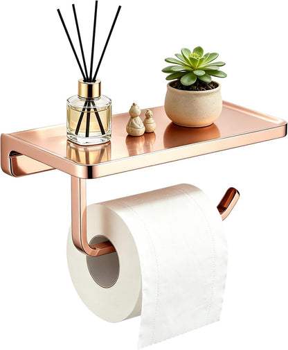 TRUSTMI Toilet Paper Holder with Phone Shelf, Zinc Alloy, Brushed Gold | Solid zinc alloy holder holds 15 lbs and fits jumbo rolls. Shelf stores phones and wipes for easy bathroom organization