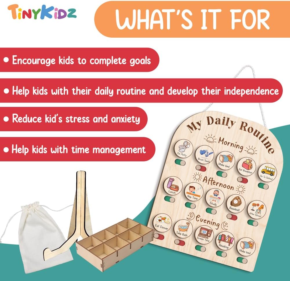Daily Routine Chart for Kids, Visual Schedule, Routine Chart for Toddlers 3-5, Morning Bedtime Routine Chart for Toddlers, Wooden Chore Chart for Kids