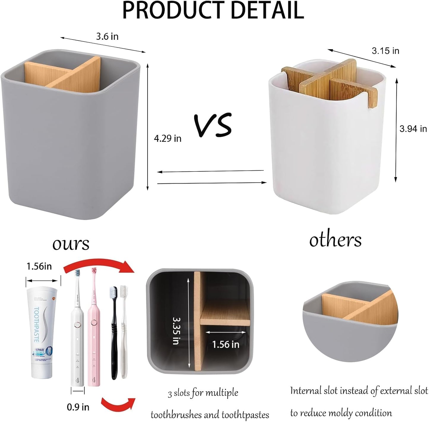 Bamboo Toothbrush Holder for Bathrooms Toothpaste Organizer - Black | Detachable Inserts, 3 Slots, Bathroom Counter Organizer, for Kids Electric Toothbrushes, Floss, Razors