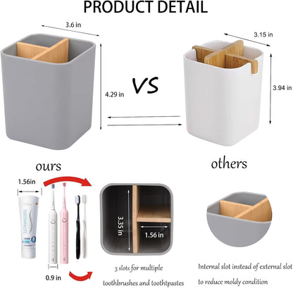 Bamboo Toothbrush Holder for Bathrooms Toothpaste Organizer - Black | Detachable Inserts, 3 Slots, Bathroom Counter Organizer, for Kids Electric Toothbrushes, Floss, Razors