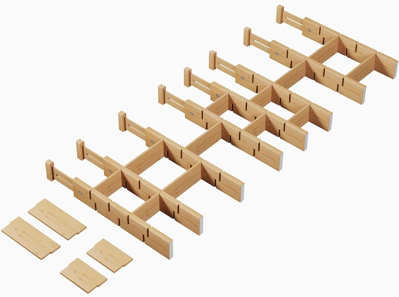 Bamboo Drawer Dividers 8 Pack with Inserts, Kitchen Adjustable Drawer Organizers for Home, Bedroom, Dresser, Expandable Organization 8 Dividers with 16 Inserts