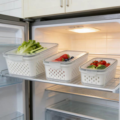 2-in-1 Stackable Food Storage Containers with Lids Airtight, 3 Size Fruit Vegetable Fresh-Keeping Saver with Drain Basket, BPA-Free Fridge Organizer for Berry, Salad, Meat & Produce
