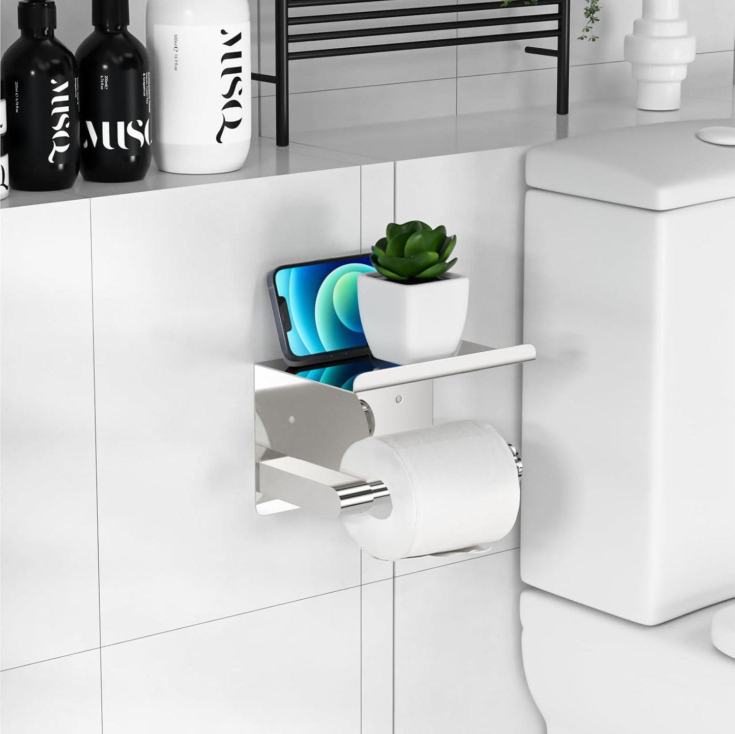 GLNLQ Matte Black Toilet Paper Holder with Shelf, Fits Mega Rolls Size | Adhesive or Screw-in, Waterproof and Rustproof Stainless Steel, Wall Mount Design, Modern Stylish Design, for Bathroom, RV