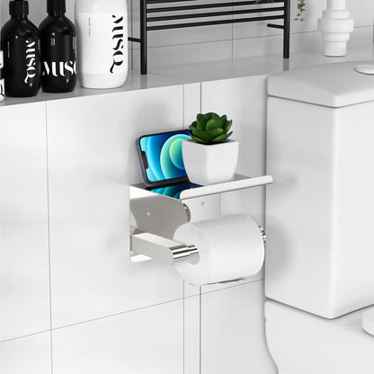 GLNLQ Matte Black Toilet Paper Holder with Shelf, Fits Mega Rolls Size | Adhesive or Screw-in, Waterproof and Rustproof Stainless Steel, Wall Mount Design, Modern Stylish Design, for Bathroom, RV