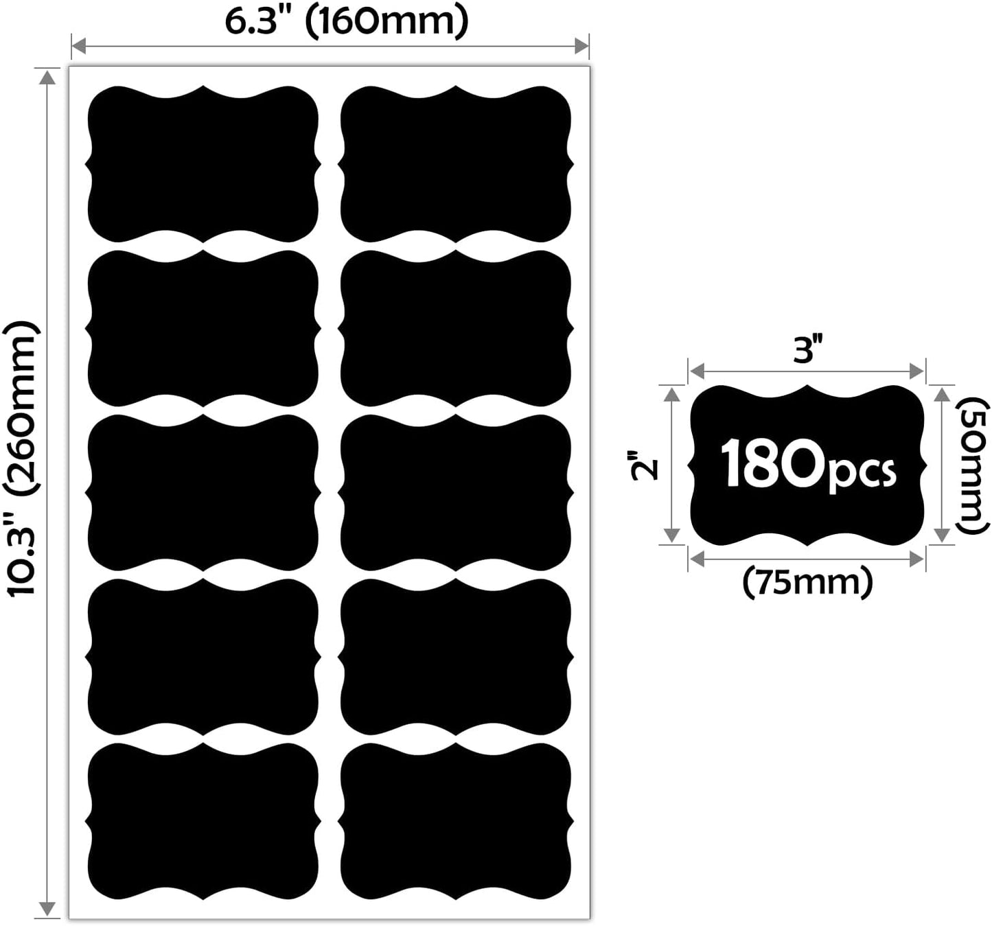 JIEHENG 180Pcs Labels for Jars,Black Wavy Stickers with 1 Chalk Markers | Black,Shape of Wavy,Reusable,Removable Labels for Storage Bins