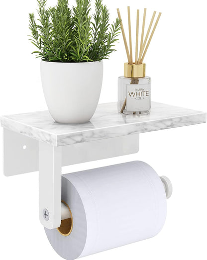 Gypie Marble Toilet Paper Holder with Shelf, Wall Mounted Matte Black | Stainless Steel Tissue Roll Paper Holder Dispenser for Bathroom Washroom