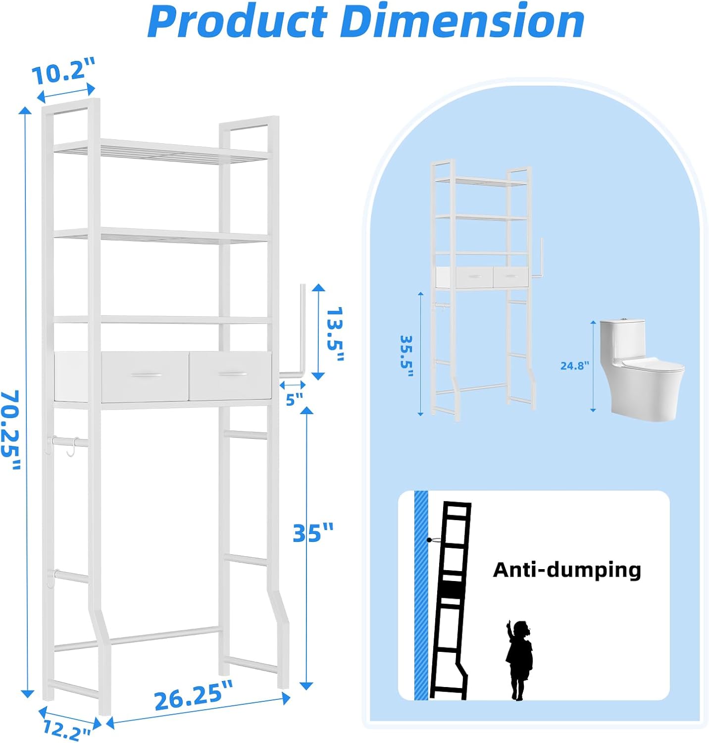 Simple Trending Over The Toilet Storage Cabinet, Metal Bathroom Shelf Organizer with Paper Holder and Hooks, 3 Tier, Black