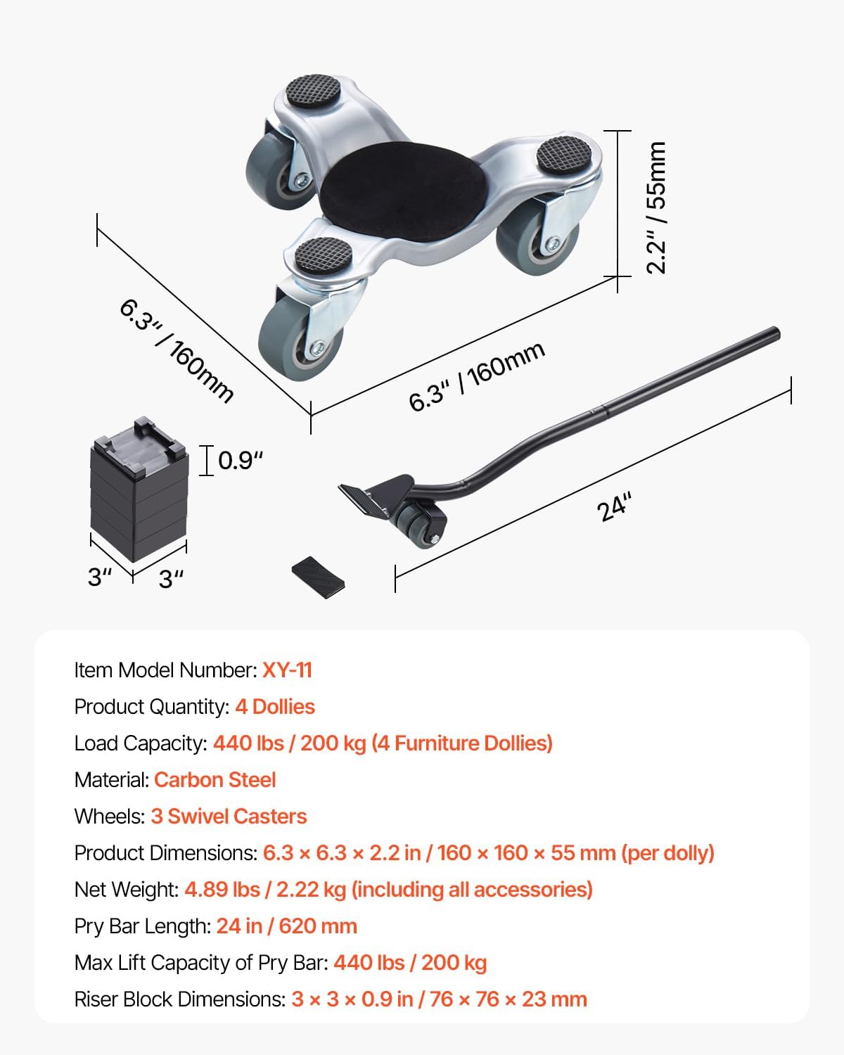 VEVOR Furniture Dolly, 4 Pack 6-Inch Steel Tri-Dolly with 360° PP Swivel Wheels and Non-Slip Cap, 3 Wheels Furniture Lift Mover Tool Set for Moving Heavy Furniture Refrigerator Sofa