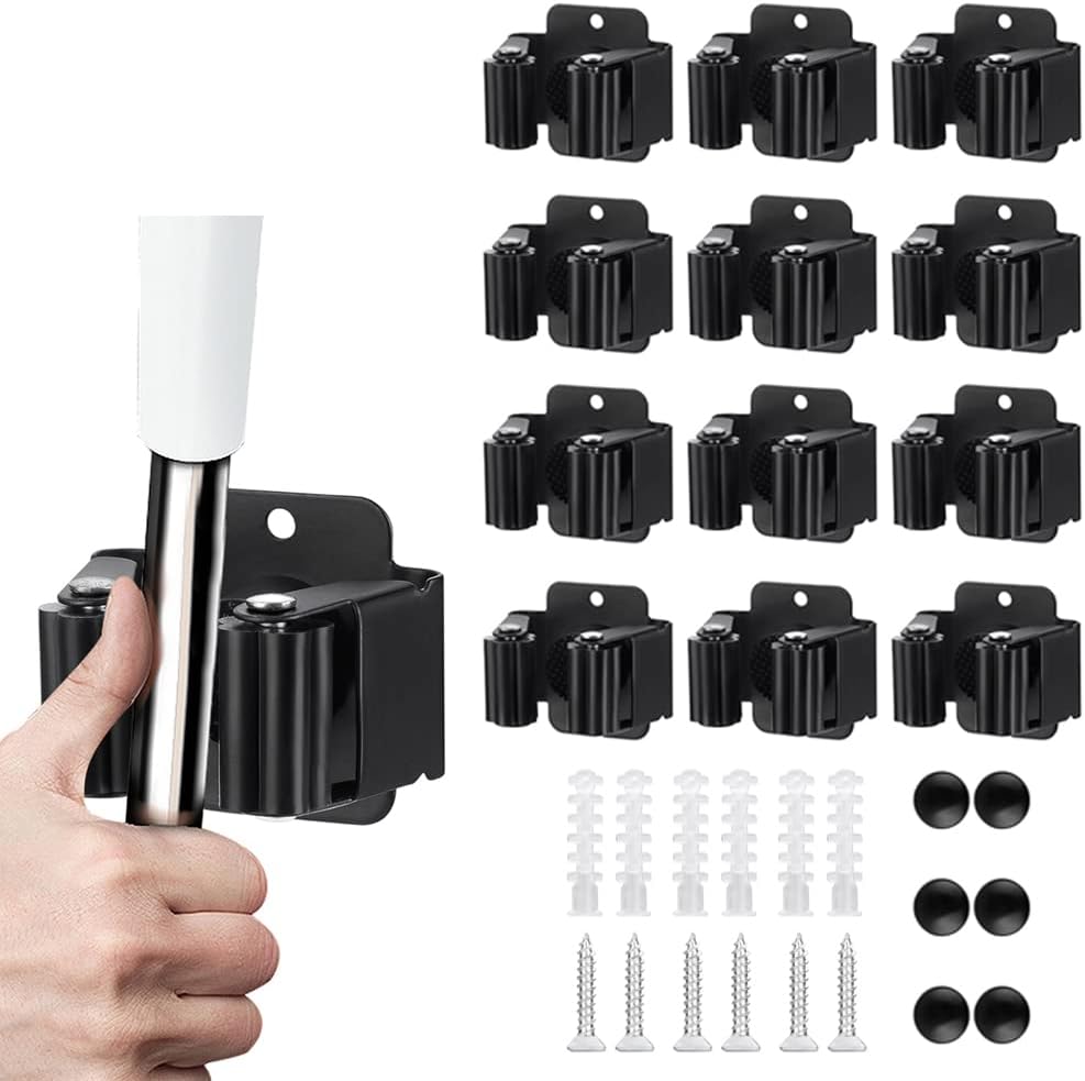 JAMEND CLXP 6PCS Broom and Mop Holder, Heavy Duty Garden Tool Organizer Rack Rake and Shovel Handle, Stainless Steel Mop Hanger. Screws for Wall Mounted. Matte Black