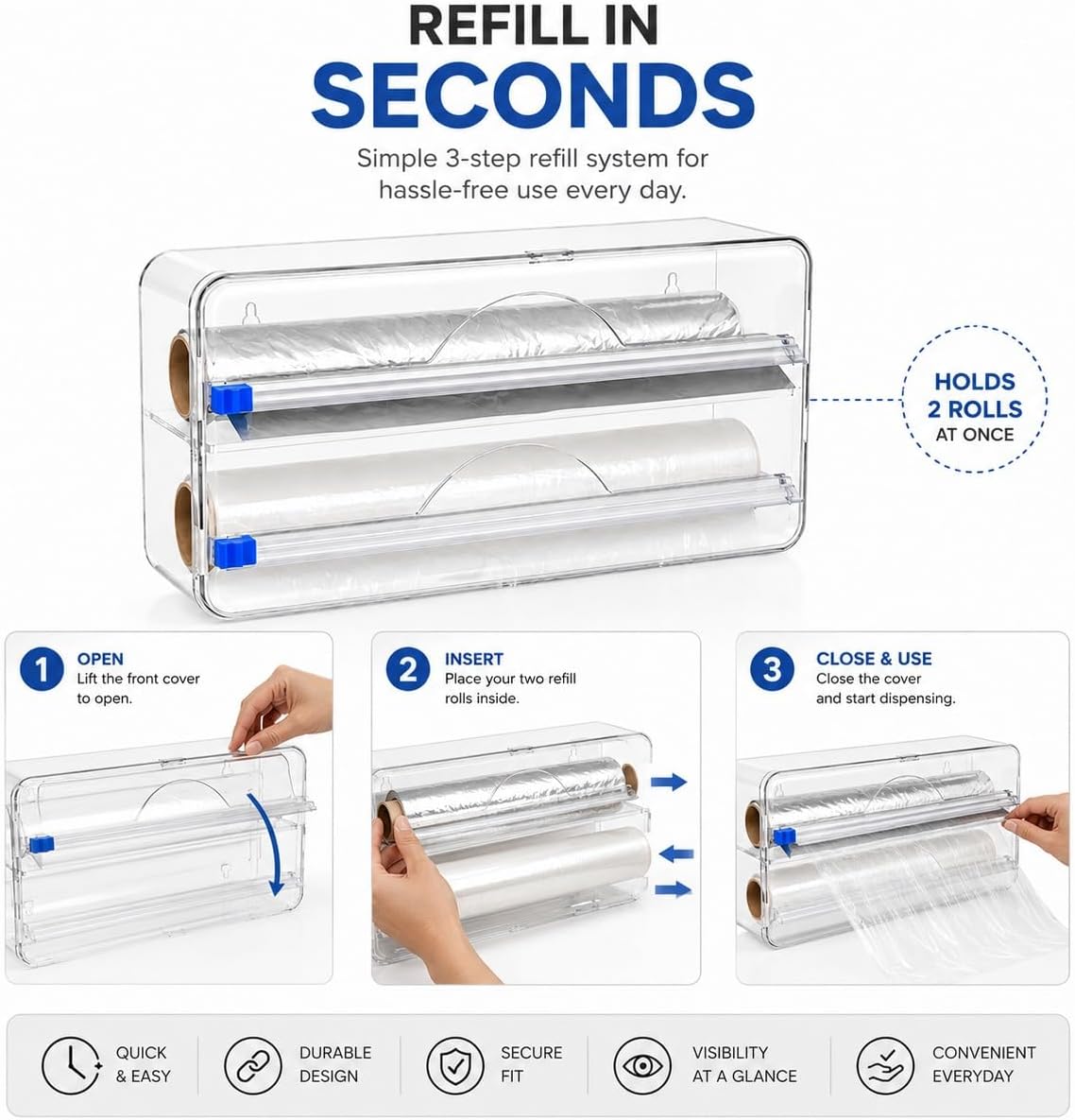 2in1 Plastic Wrap Dispenser with Cutter, Wall Mounted Plastic Wrap Dispenser with 2 Adhesive Hooks, 12 inch Clear Foil Dispenser with Cutter for Foil, Cling Wrap & Wax Paper for Easy Storage