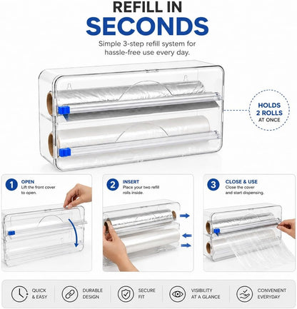 2in1 Plastic Wrap Dispenser with Cutter, Wall Mounted Plastic Wrap Dispenser with 2 Adhesive Hooks, 12 inch Clear Foil Dispenser with Cutter for Foil, Cling Wrap & Wax Paper for Easy Storage