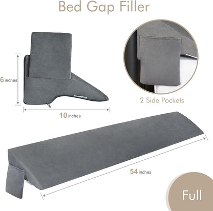 Vekkia King Bed Wedge Pillow for Headboard Gap Filler (0–5.5") | Prevents Pillows & Items from Falling, High-Density Foam Mattress Gap Filler with Pockets, Removable Cover, Gray, 60"x10"x6"
