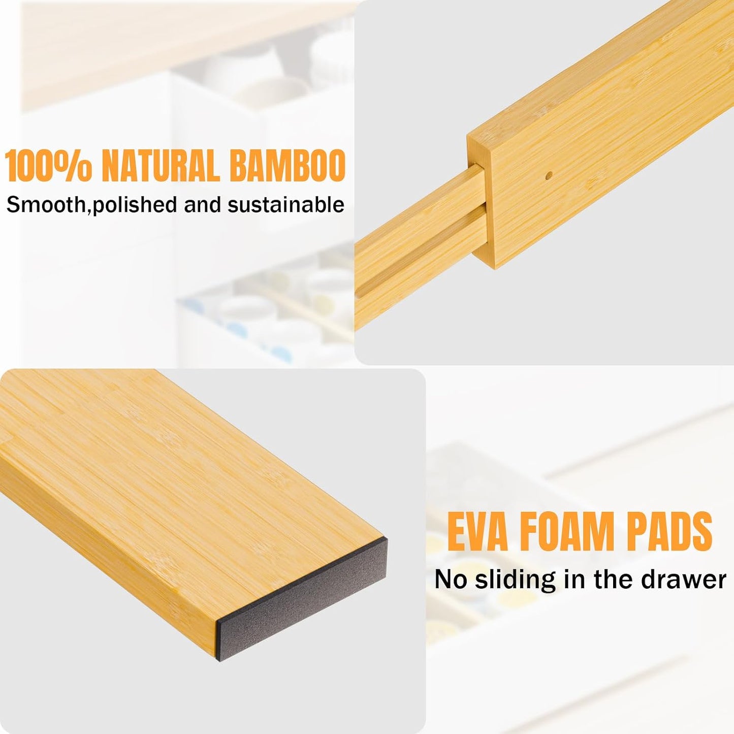 Bamboo Drawer Dividers Organizers, 2.56" High, 17"-21.8" Adjustable, 4 Pack | Expandable Separators, Great for Utensils, Kitchen, Bedroom, Dresser and Office Storage