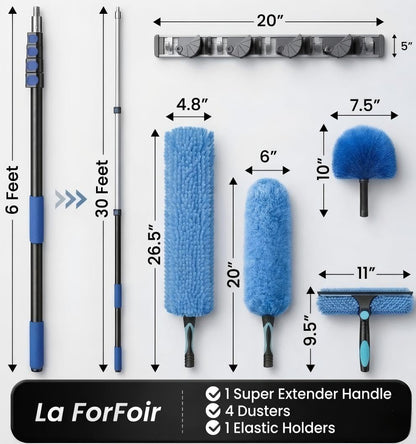 20ft High Ceiling Duster Kits with 5-12ft Heavy Duty Extension Pole - Fan Blade Cleaner, Cobweb Remover & Blue Window Squeegee Kit, Washable Dust Brush for High Roof and Glass Surfaces