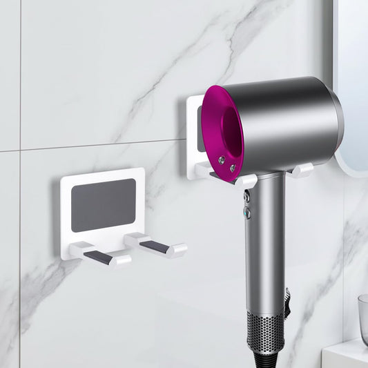 Universal Hair Dryer Holder, White | Wall Mount for Bathroom & Cabinet, Self-Adhesive Option, Blow Dryer Stand & Tool Organizer, Space-Saving Design