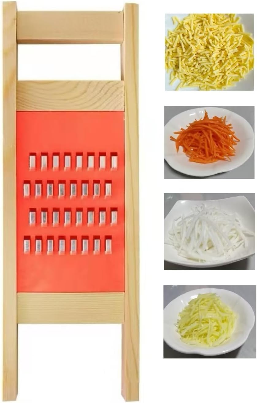Korean Carrot Grater, Wooden Vegetable Grater with Hand Guard, 4mm Stainless Steel Shredder for Cabbage, Onion, Cheese, Heavy Duty Kitchen Tool (11.0" × 3.7")
