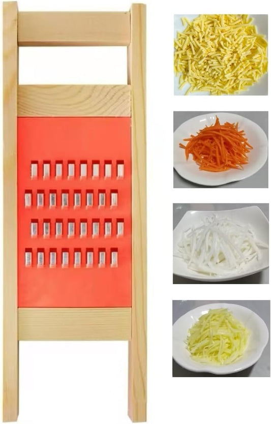 Korean Carrot Grater, Wooden Vegetable Grater with Hand Guard, 4mm Stainless Steel Shredder for Cabbage, Onion, Cheese, Heavy Duty Kitchen Tool (11.0" × 3.7")