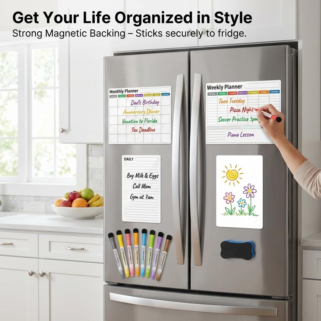 Magnetic Calendar for Refrigerator, Fridge Calendar 3-Pack | Monthly Weekly Daily Dry Erase Calendar Planner Set with Nano-Tech Surface, 17"x12" Magnetic Whiteboard, 8 Markers & Eraser