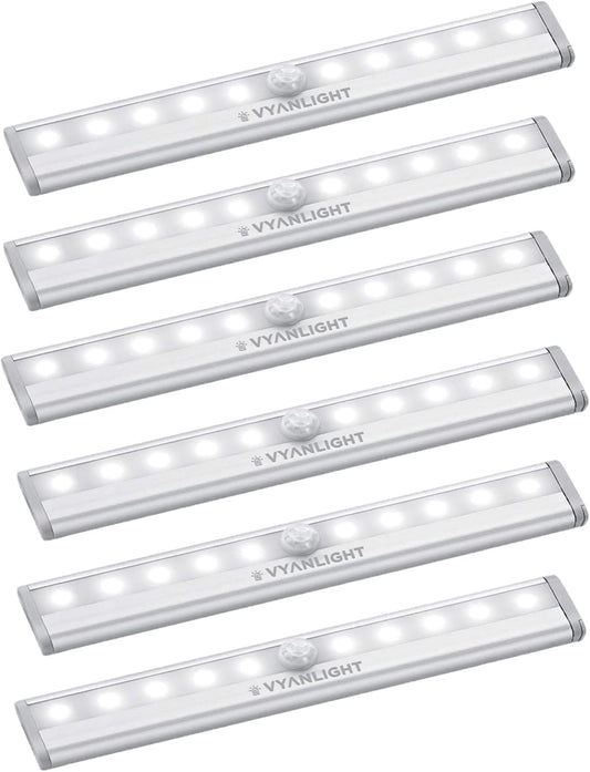VYANLIGHT Under Cabinet Lighting – Motion Sensor Closet Lights, Battery Operated LED Strip Light Bar, Stick-On Wireless Indoor Lights for Kitchen, Pantry, Hallway, Stairs, 6 Pack