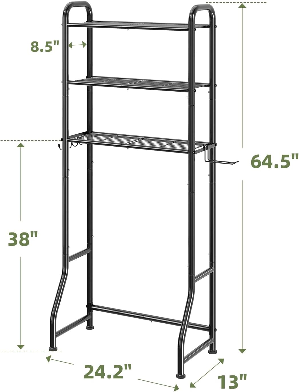 Simple Trending Over The Toilet Storage Cabinet, Metal Bathroom Shelf Organizer with Paper Holder and Hooks, 3 Tier, Black