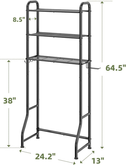 Simple Trending Over The Toilet Storage Cabinet, Metal Bathroom Shelf Organizer with Paper Holder and Hooks, 3 Tier, Black