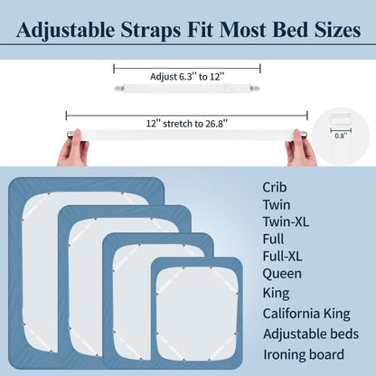 Sopito Sheet Straps, Adjustable Elastic Bed Sheet Holder, 4pcs White | Keep Sheet Firm & Tight, Non-Slip Strong Gripping Sheet Clips, Max Stretch 26.8'' for Crib to King Size Bed, Easy to Install