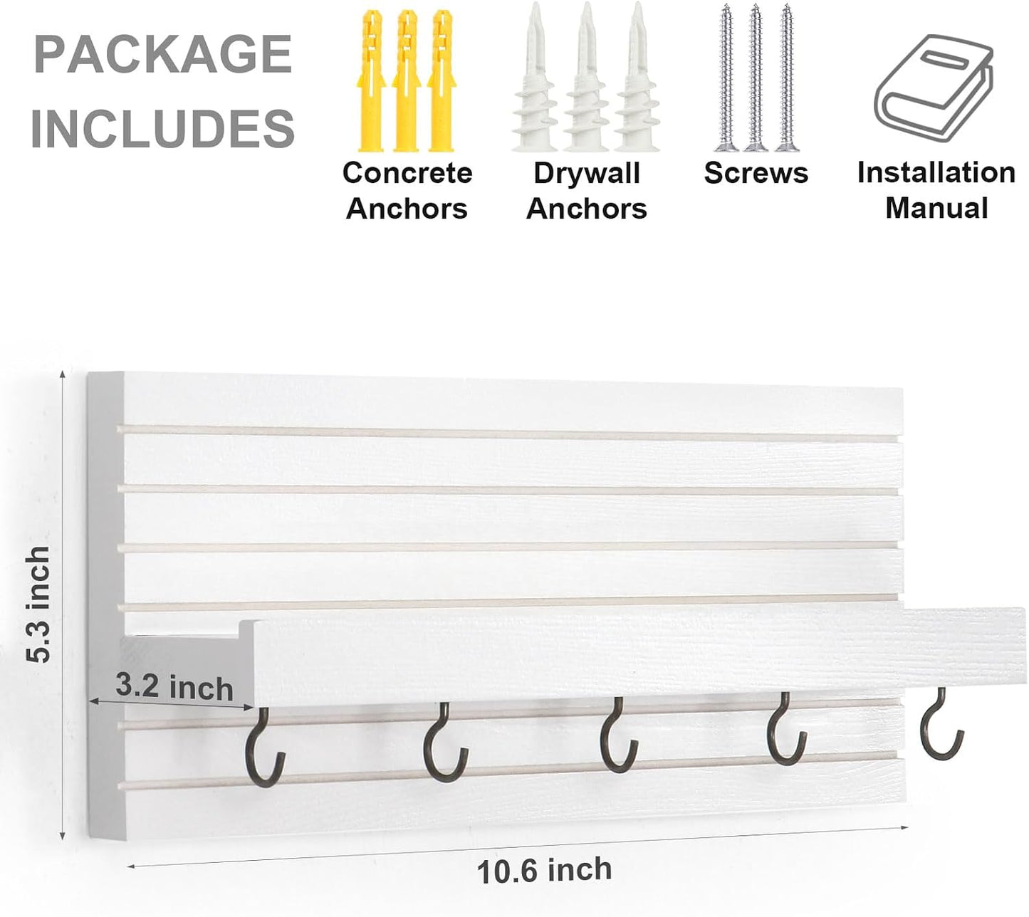 Lwenki Decorative Key Holder for Wall with Shelf, Entryway Shelf with Hooks Holds Leashes, Jackets and Glasses – Sturdy Wood Keyholder Entrance Hanger with Mounting Hardware (Black, Medium)